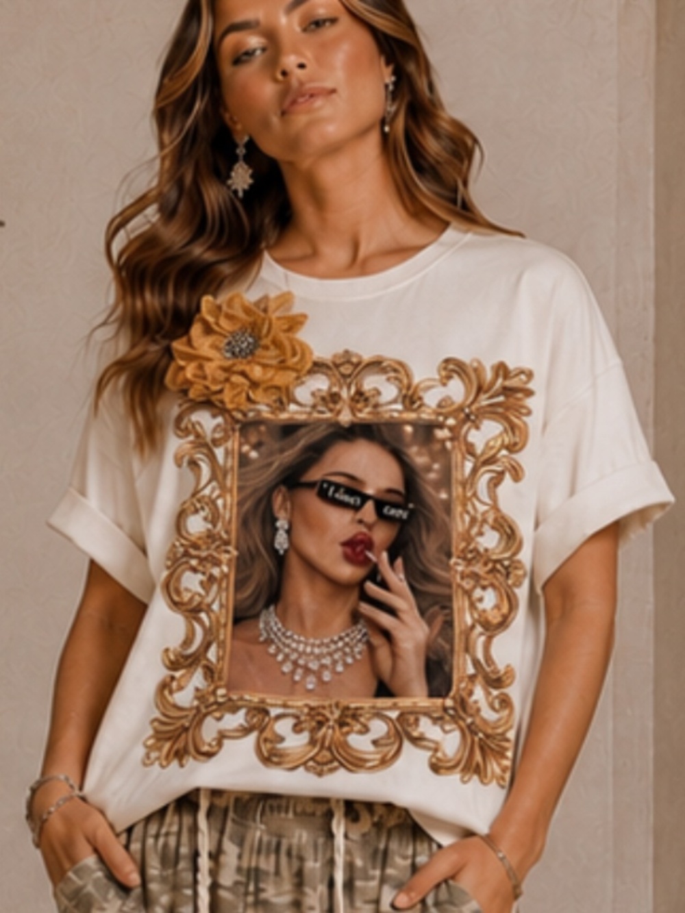 Boho GIAJEAN “ I DON’T CARE “ BOHO Graphic Tee with RHINESTONE DETAIL 68